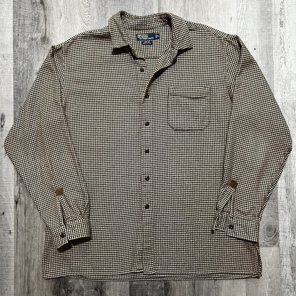 VTG Polo Ralph Lauren Jameson Houndstooth Button Shirt Brown Cotton Longsleeve